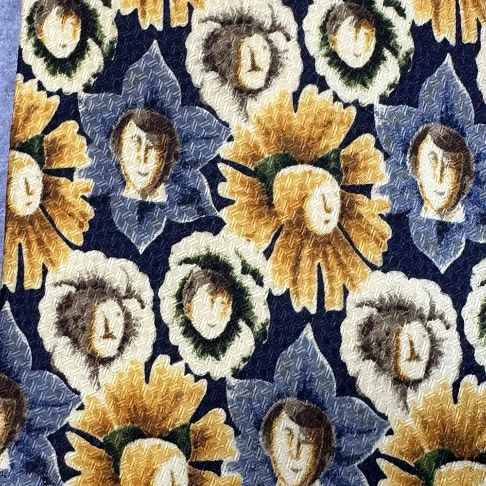 Playboy Archives Neck Tie Yellow Flowers Faces 100% Silk Blue Teal 55x4in